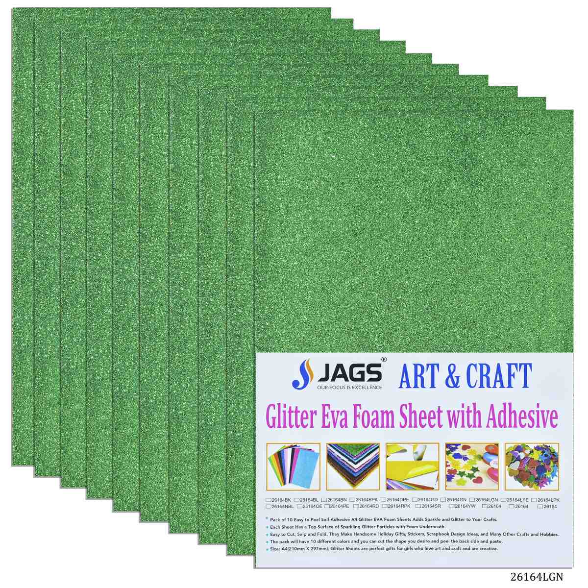 jags-mumbai Glitter Paper & Foam Sheet A4 Glitter Foam Sheet With Stick L Green 26164LGN