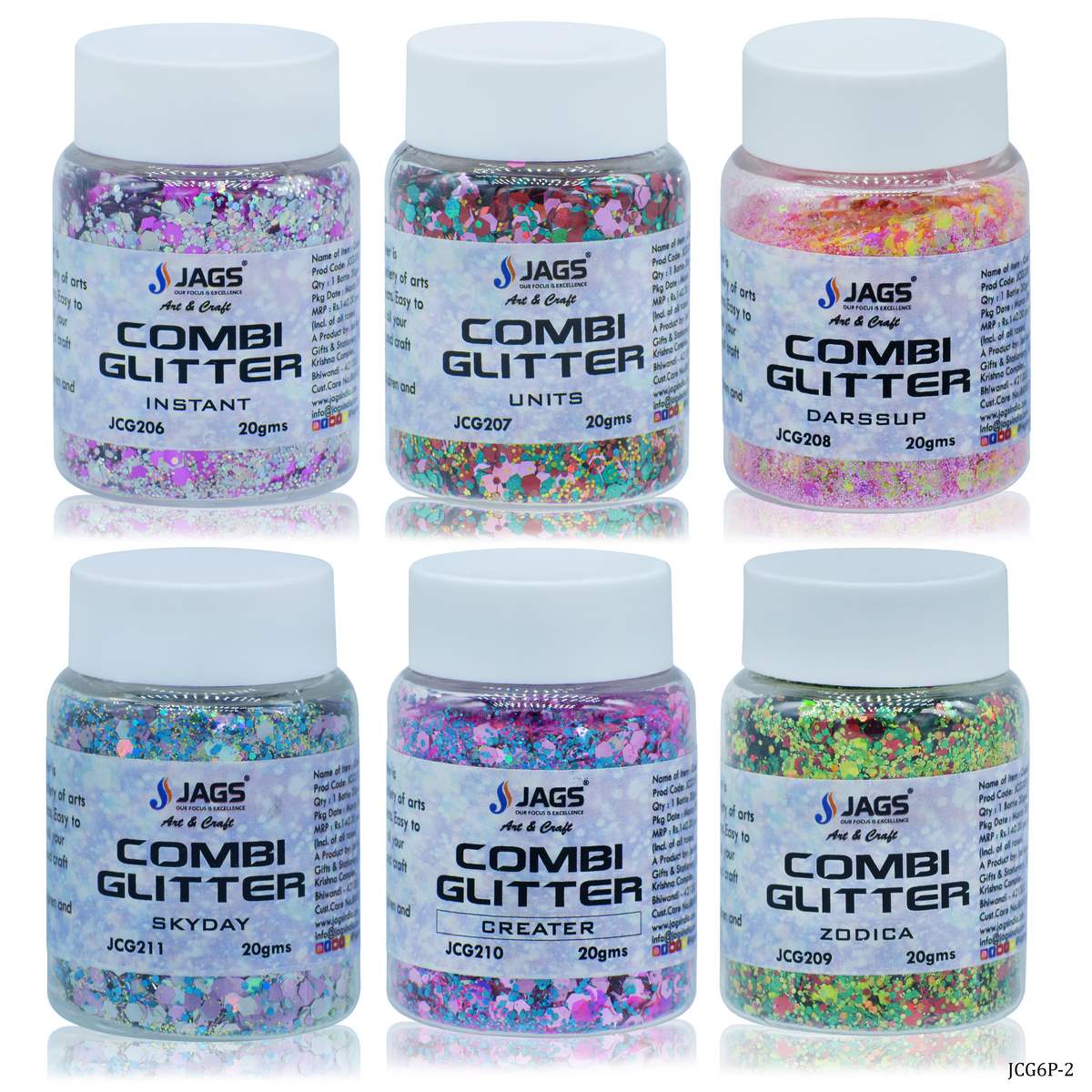 jags-mumbai Glitter Powder Jags Combi Glitter 6 Pcs Set (2No) Mix Colour JCG6P-2