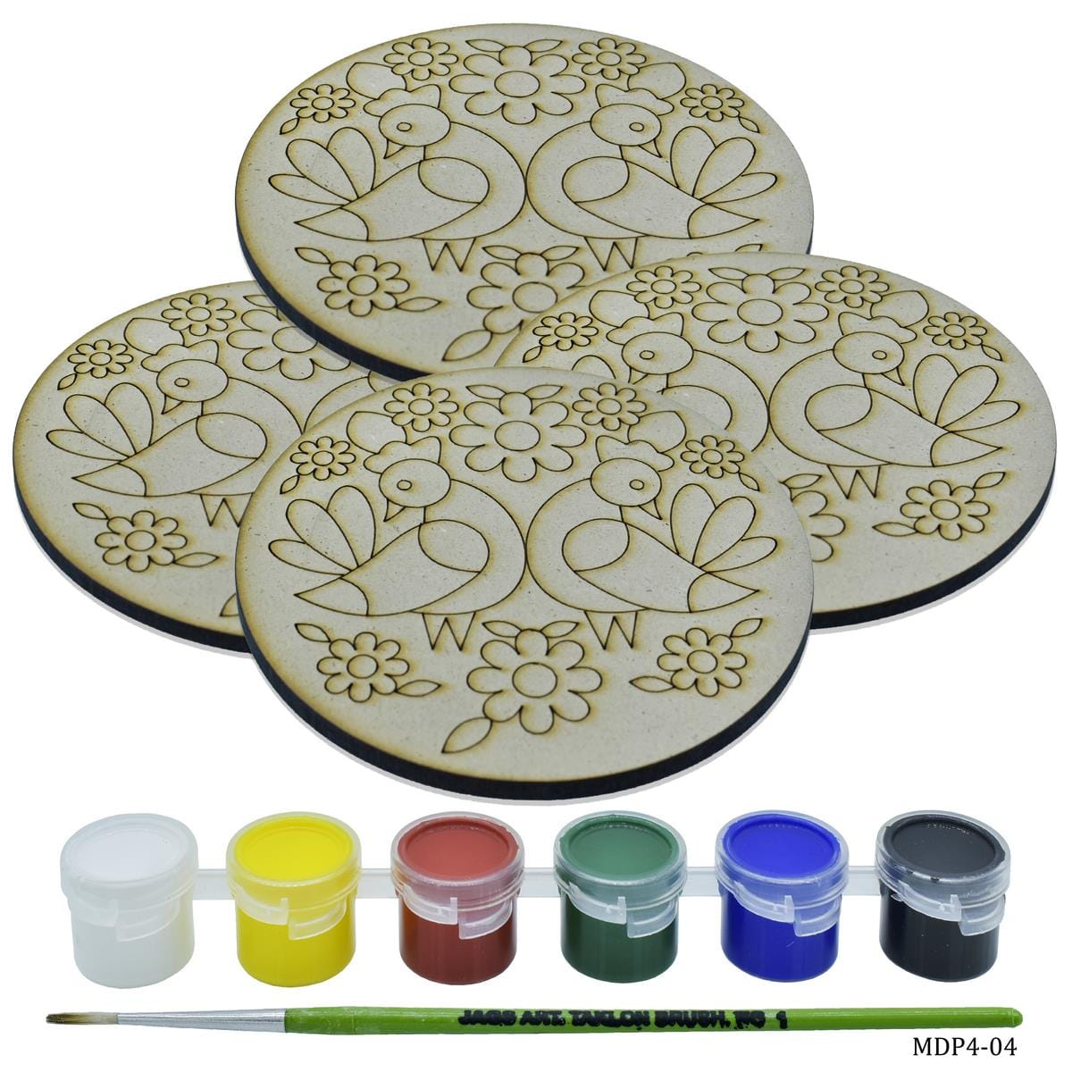 jags-mumbai MDF MDF DIY Painting Kit Round 2 F Bird 4Inch 4Pcs Set