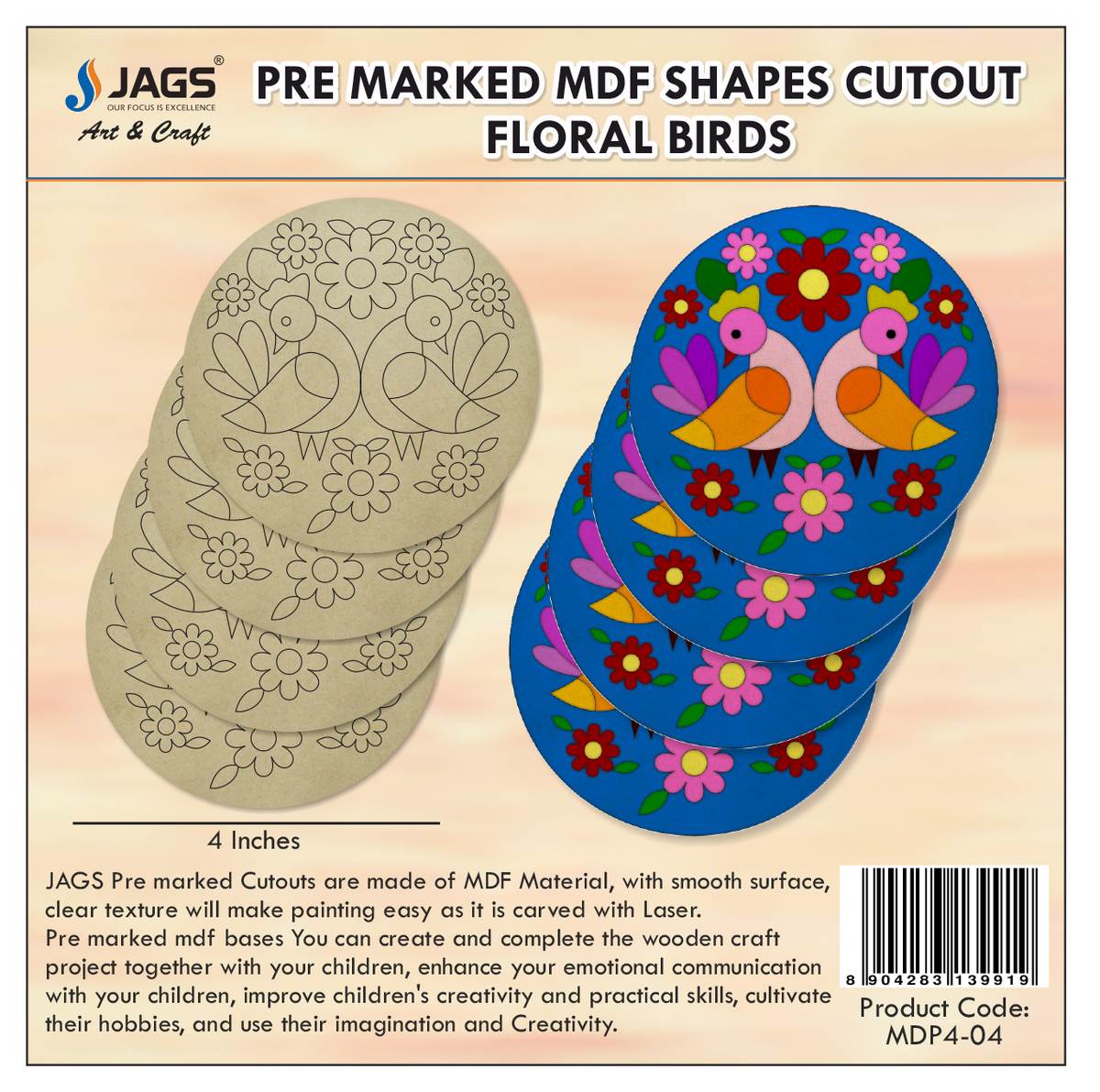 jags-mumbai MDF MDF DIY Painting Kit Round 2 F Bird 4Inch 4Pcs Set