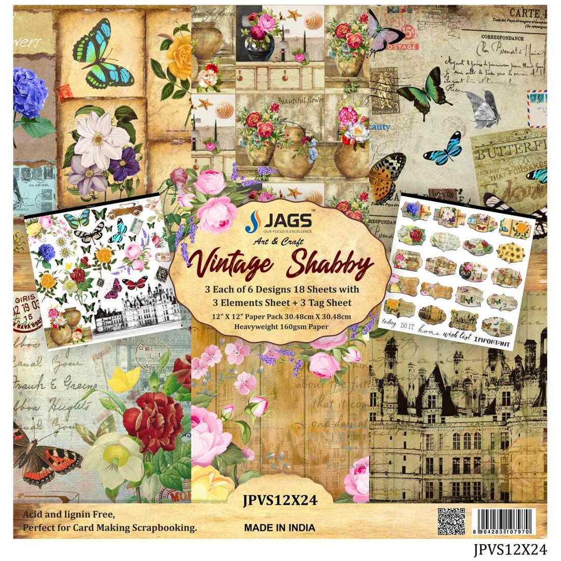 jags-mumbai Mediums & Varnish Paper Vintage Shabby 12X12 Inch: Distinctive Charm in Weathered Elegance