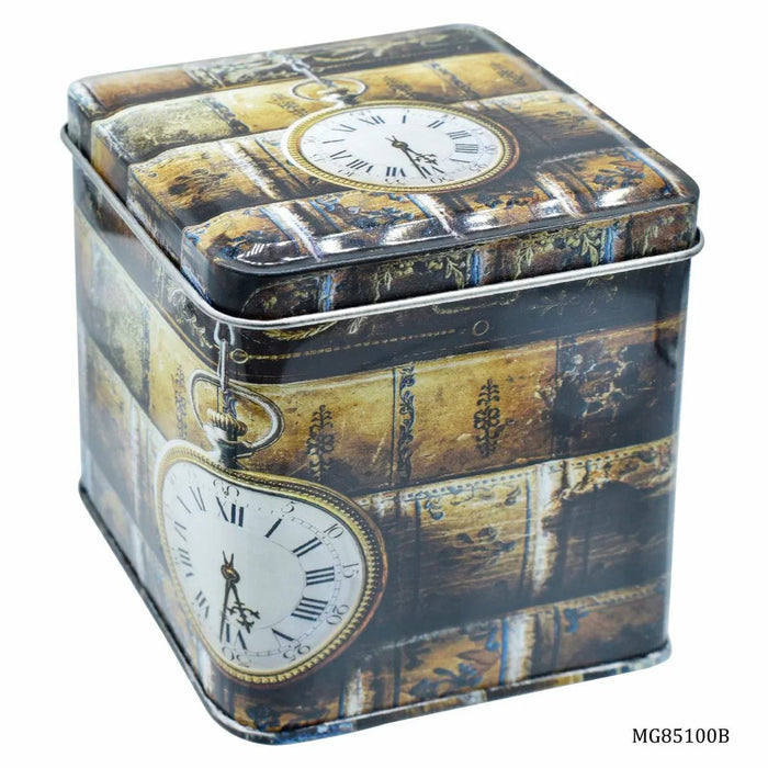 Vintage Clock Design Metal Storage Tin Box, Square(size:8.5x8.5x10cm)