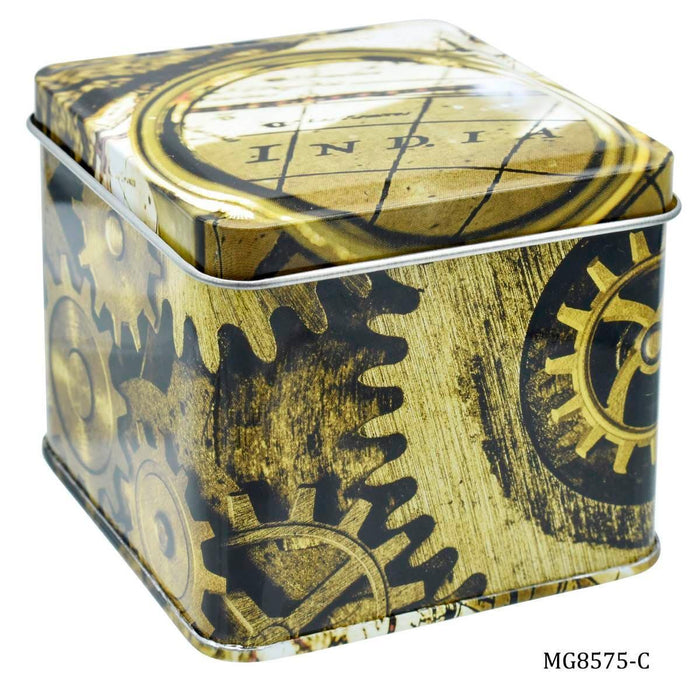 Metal Tin Box with Steampunk Gear Design Square (size: 8.5 x 8.5 x 7.5 cm) Pack of 1