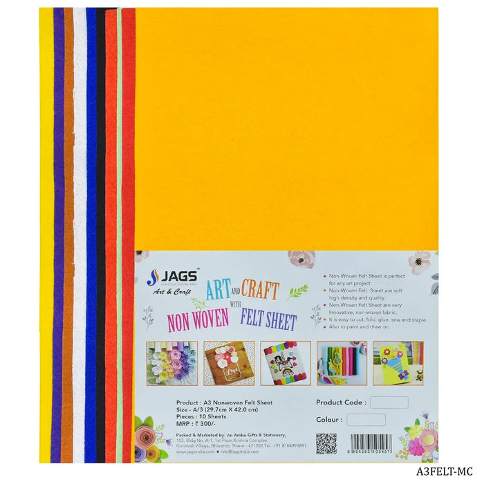 A3 Nonwoven Felt Sheet 10pcs Multi Colour  A3FELT-MC