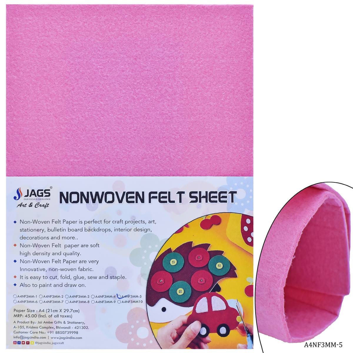 jags-mumbai Non-Woven & Felt Sheets A4 Nonwoven Felt Sheet 3 MM 1 Pcs Baby Pink