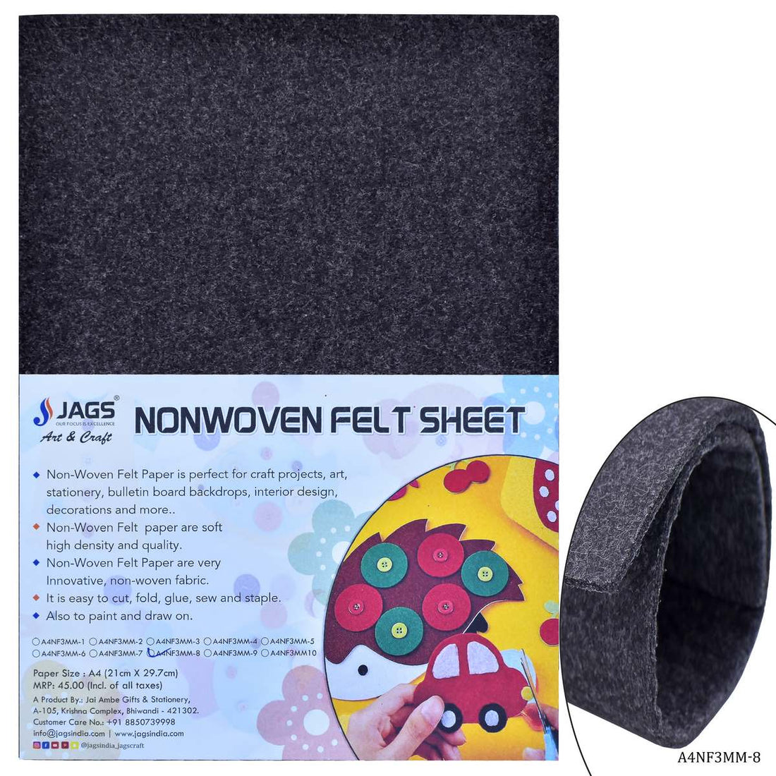 jags-mumbai Non-Woven & Felt Sheets A4 Nonwoven Felt Sheet 3 MM 1 Pcs Balck Greay