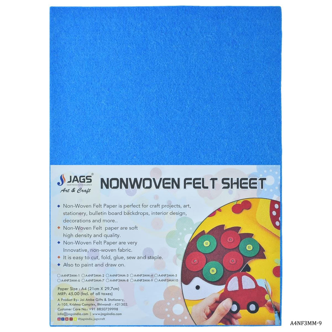 jags-mumbai Non-Woven & Felt Sheets A4 Nonwoven Felt Sheet 3 MM 1 Pcs Blue A4NF3MM-9