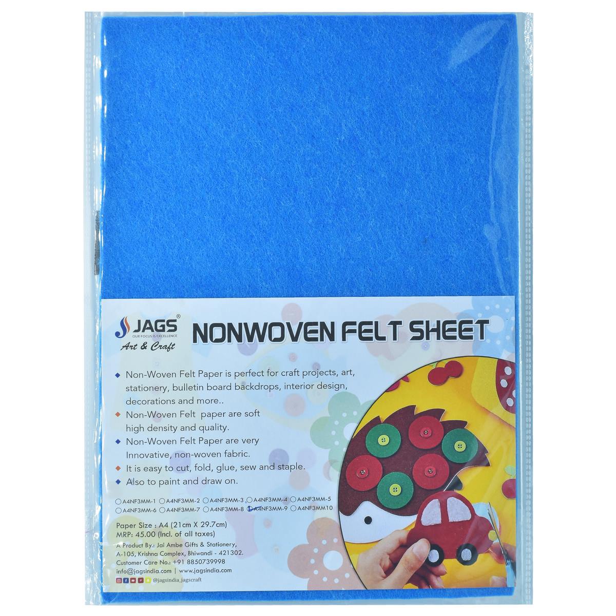 jags-mumbai Non-Woven & Felt Sheets A4 Nonwoven Felt Sheet 3 MM 1 Pcs Blue A4NF3MM-9