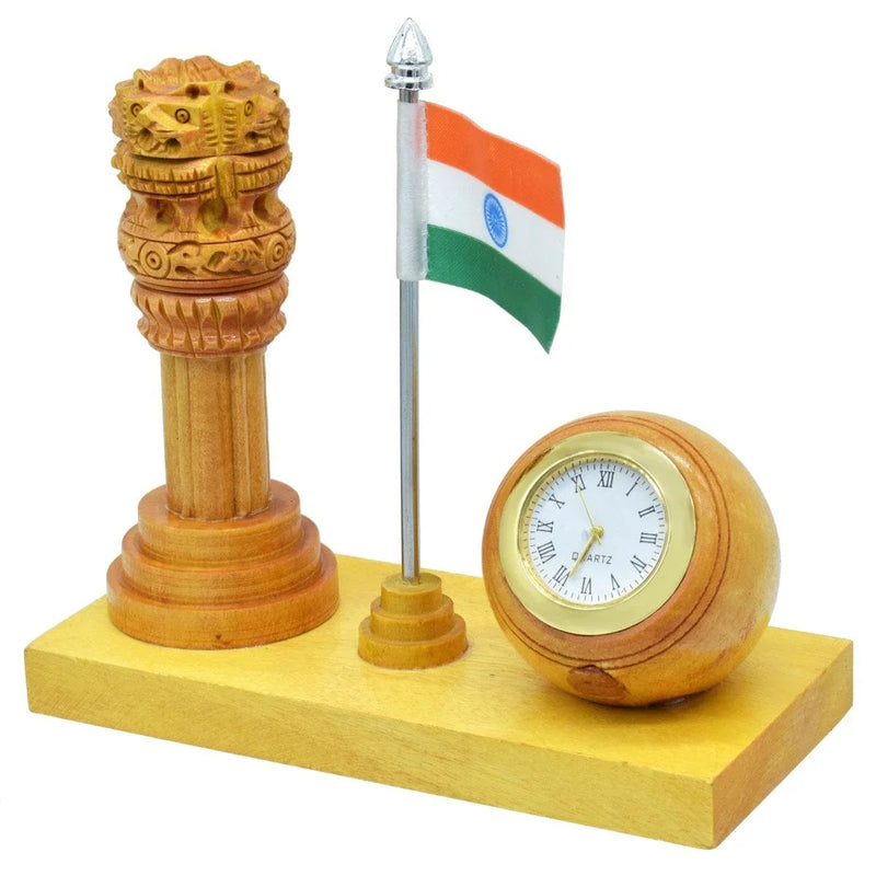 jags-mumbai Office Desk Stationery Pillar Ashoka Chakra With Watch And Flag