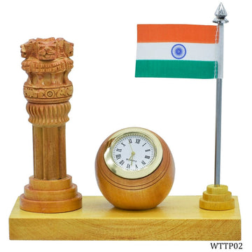 Wooden Table Top Stand With Watch Ashokchakra WTTP02