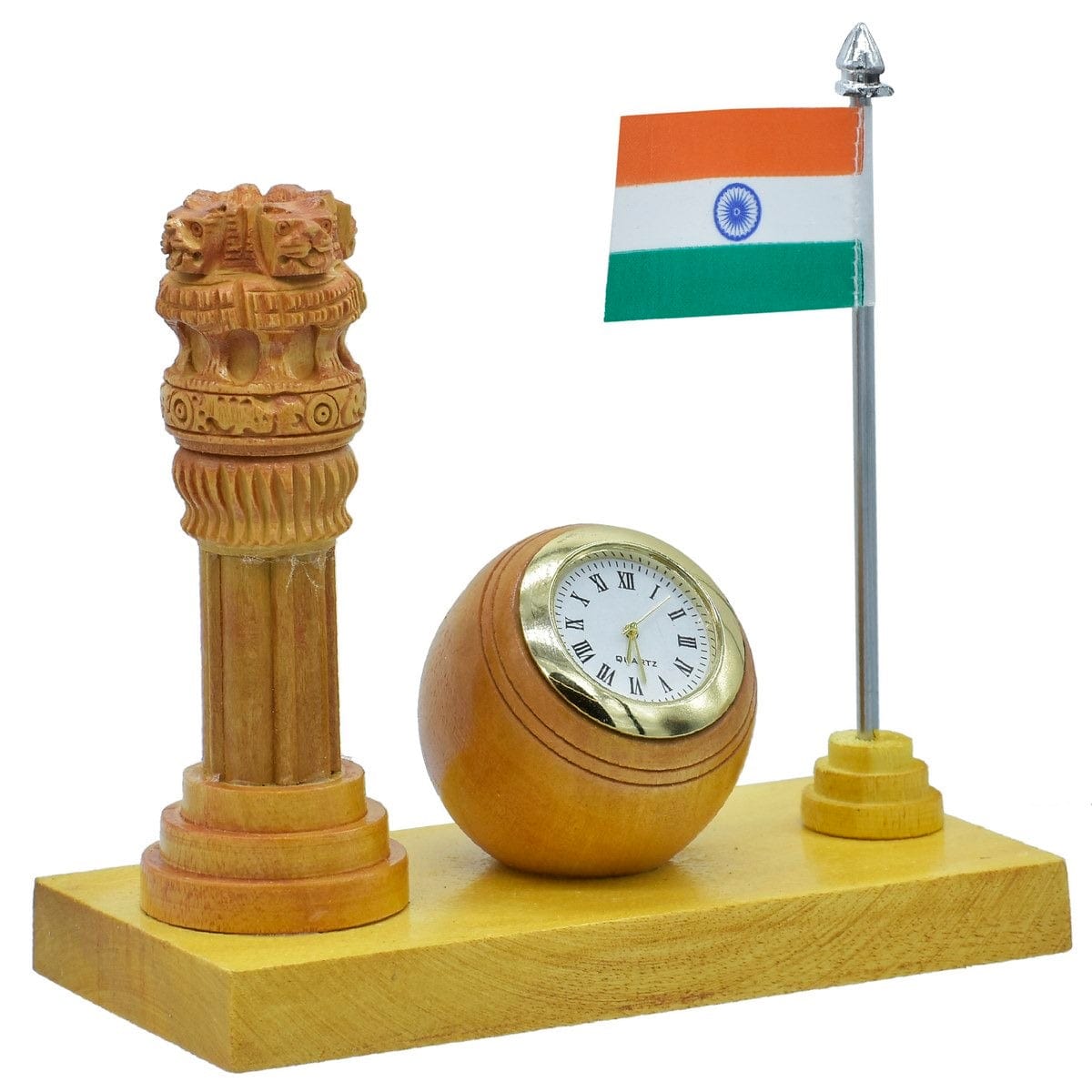 jags-mumbai Office Desk Stationery Wooden Table Top Stand With Watch Ashokchakra WTTP02