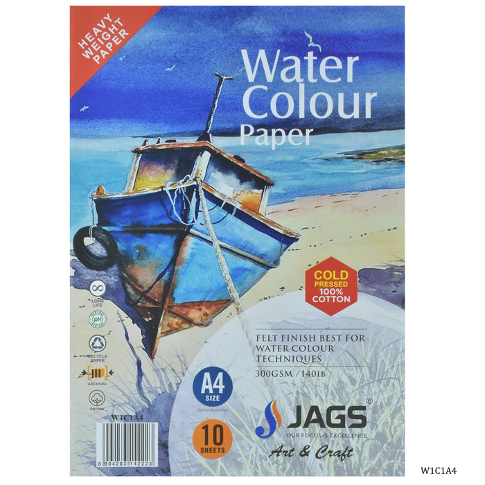 Premium Cold Pressed Watercolor Paper - 100% Cotton, A4 Size, 300 GSM/140IB - 10 Sheets