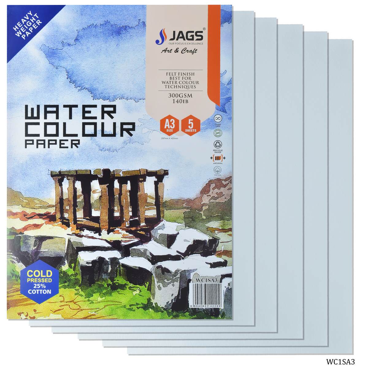 jags-mumbai Paper Watercolor Papersheets-(Pack Of 5 A3Sheets 300 Gsm)