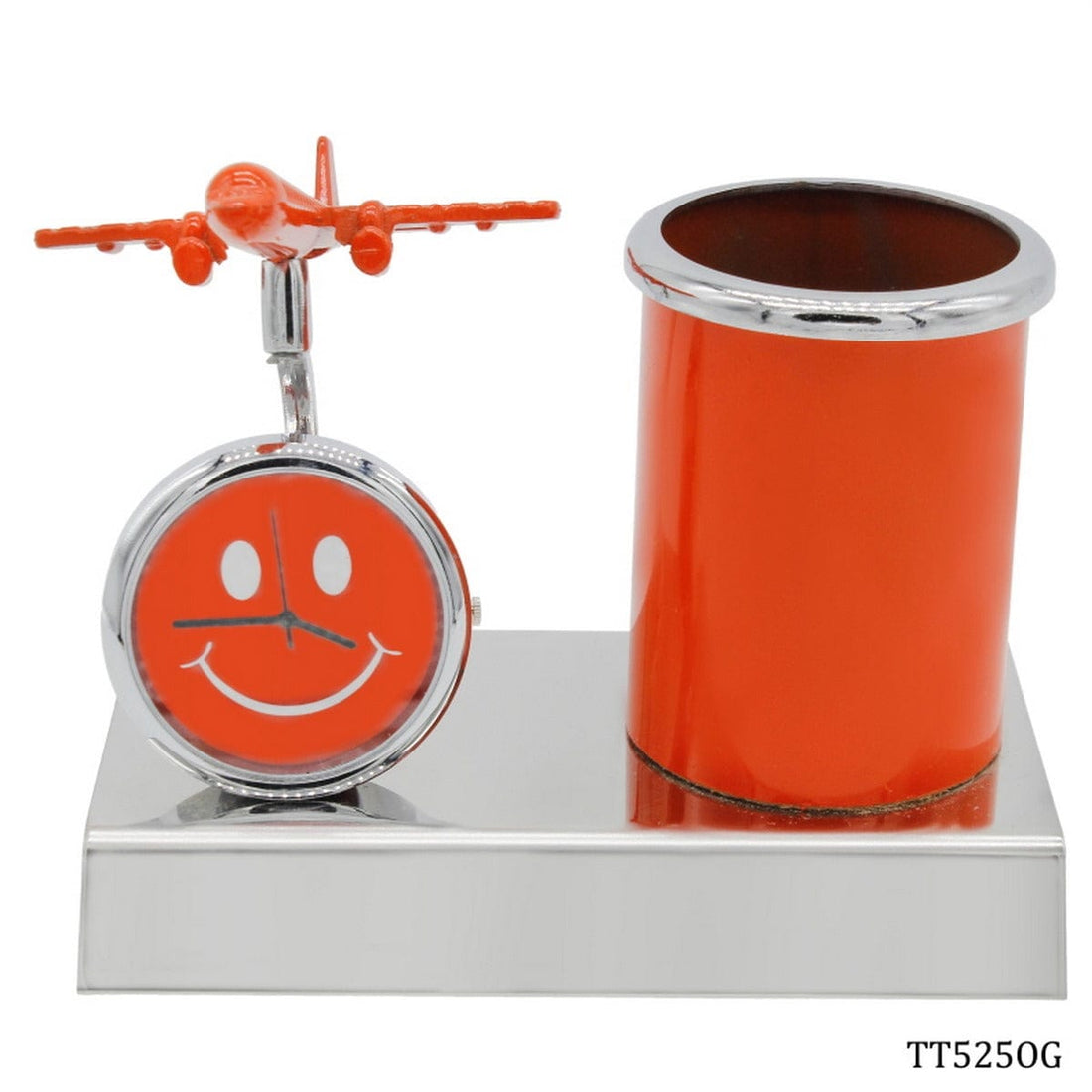 jags-mumbai Pen Stands Pen Stand With Watch With Air Craft Orange