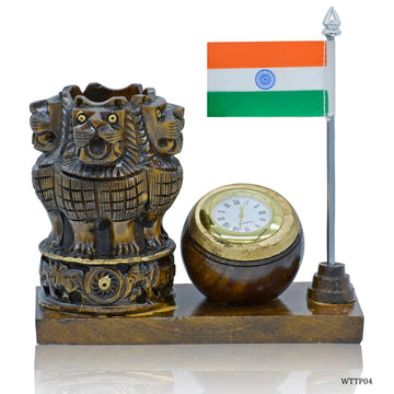 Wooden Table Top Pen Stand Watch With Ashokchakra