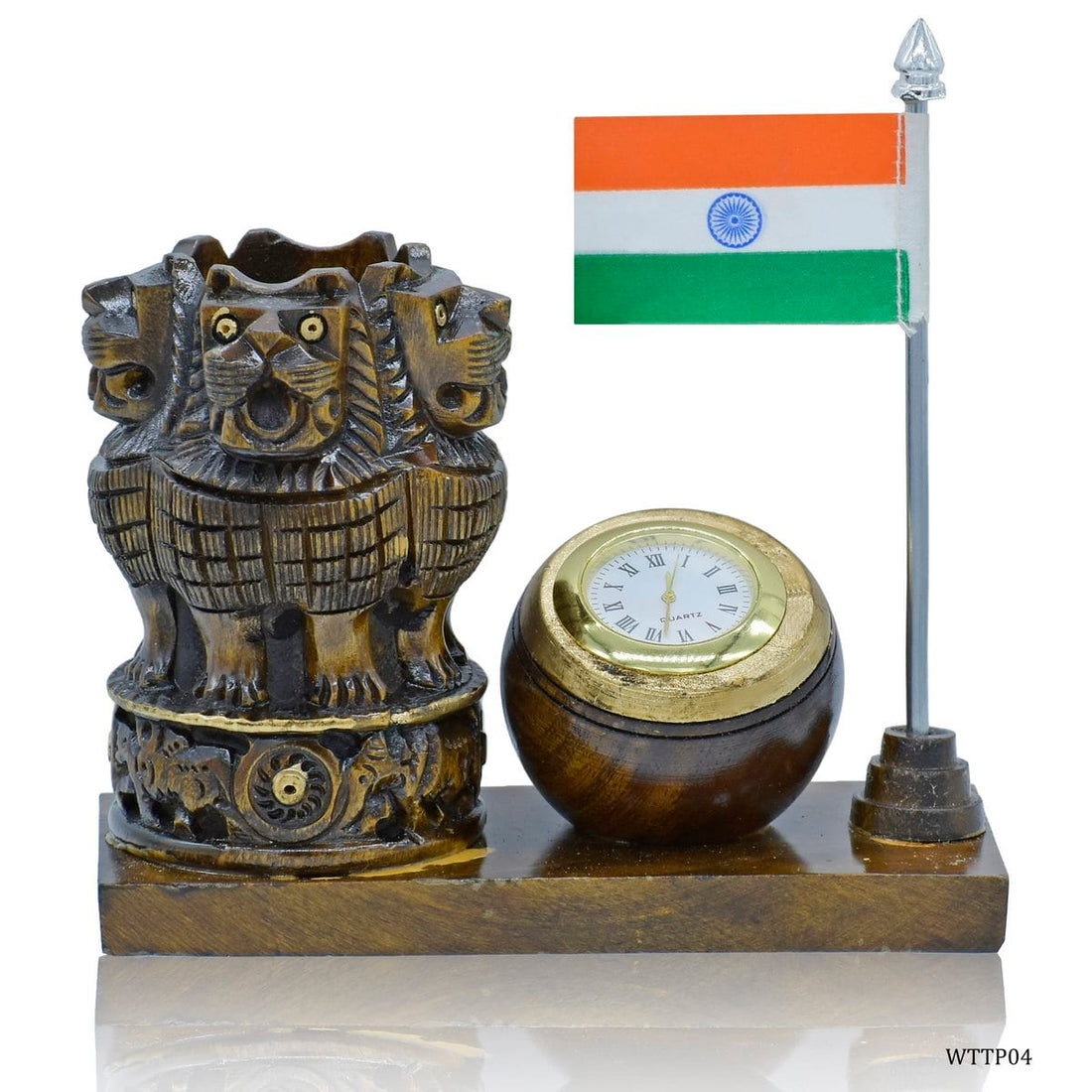 jags-mumbai Pen Stands Wooden Table Top Pen Stand Watch With Ashokchakra