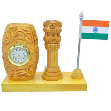 Wooden Table Top Pen Stand With Ashokchakra