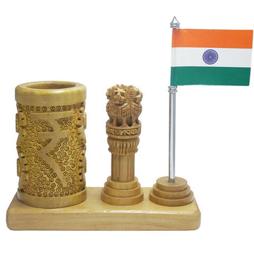 Wooden Table Top Pen Stand With Ashokchakra