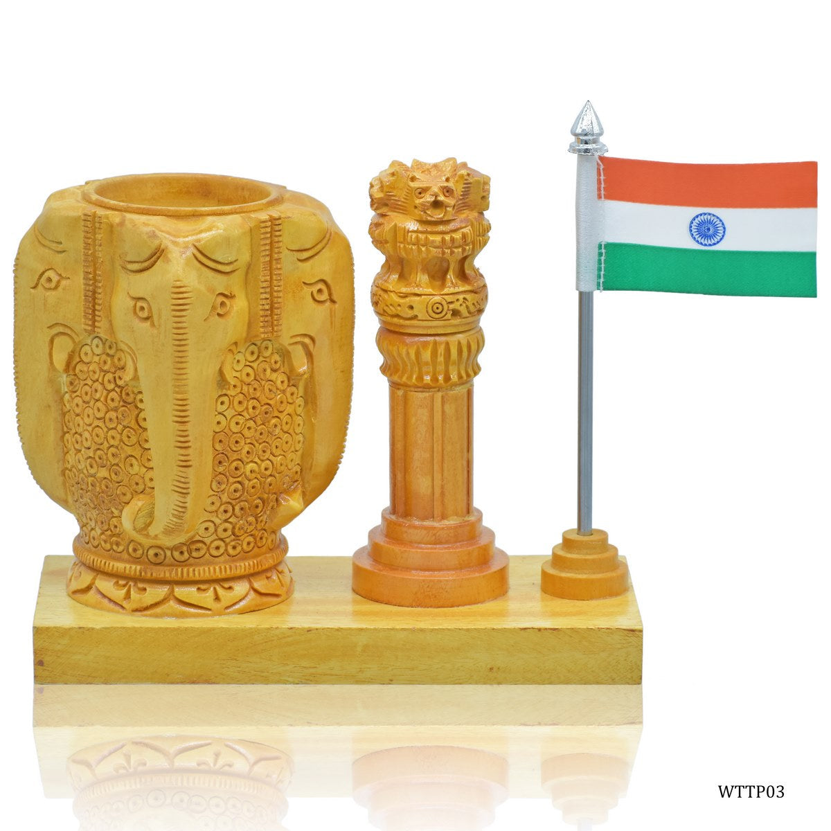 jags-mumbai Pen Stands Wooden Table Top Pen Stand With Ashokchakra Elephant