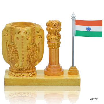 Wooden Table Top Pen Stand With Ashokchakra Elephant