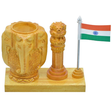 Wooden Table Top Pen Stand With Ashokchakra Elephant
