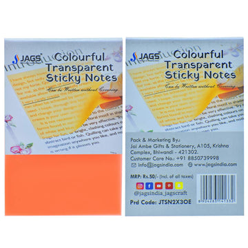 Jags Transparent Sticky Note 50 Sheet Orange