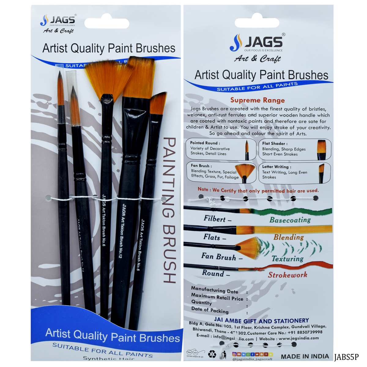 jags-mumbai Tools Jags Artist Brushes Synthetic Hair 5pcs Set - Essential Tools for Creative Expression