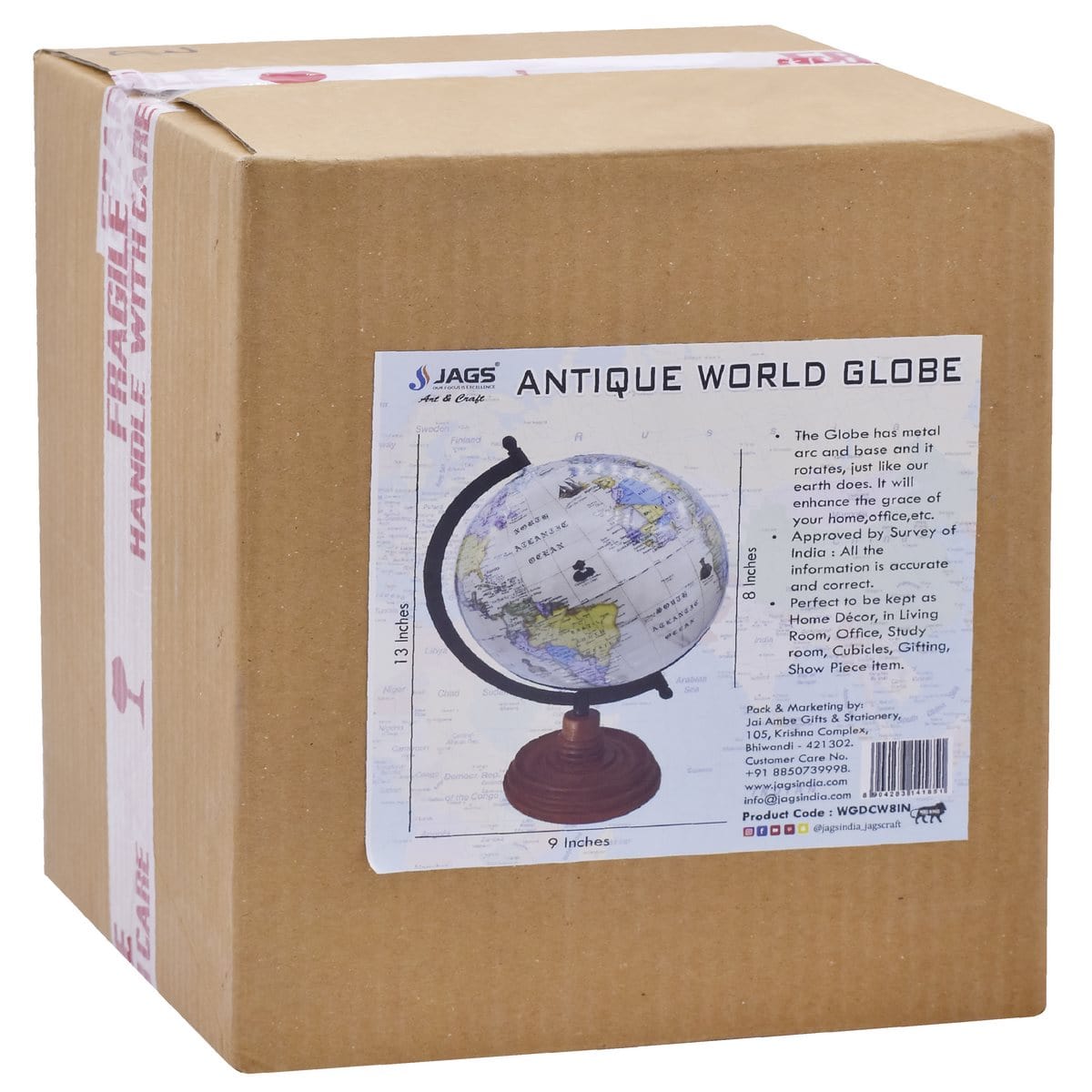 jags-mumbai World Globe World Globe Decosative Cream Wooden Base 8 Inch