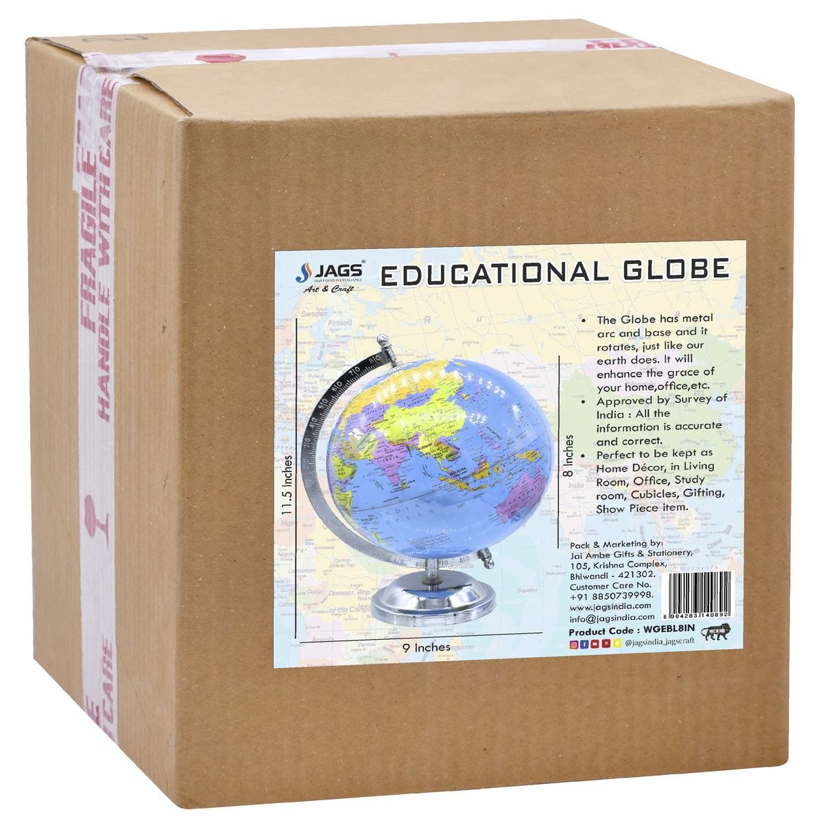 jags-mumbai World Globe World Globe Educational Blue Silver Base 8 Inch