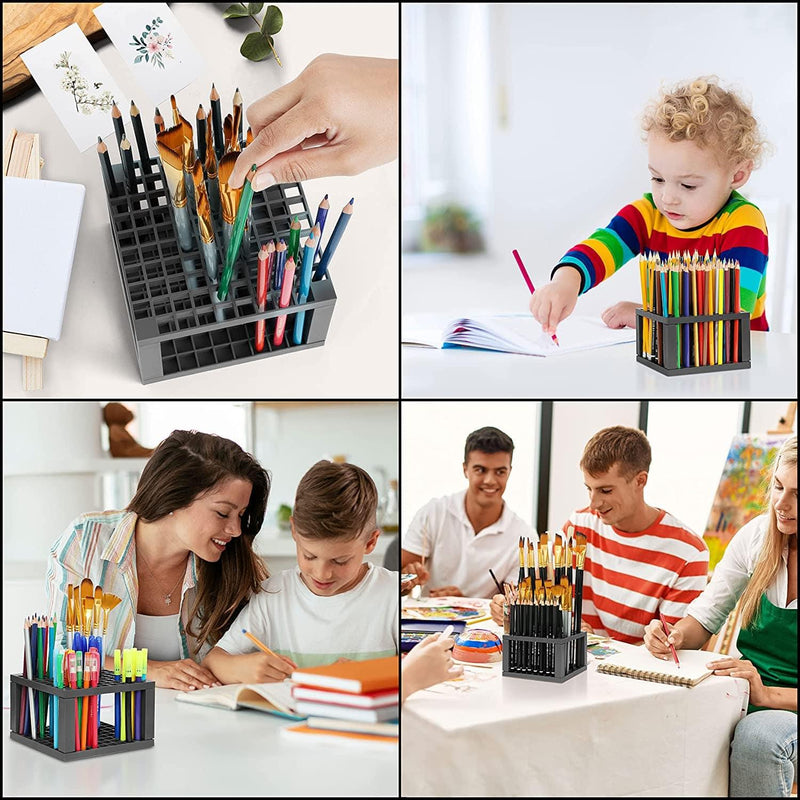 jai ambe novelties brush holder 96 Holes Pencil & Brush Holder - Tabletop Plastic Study Desk Organizer Stand for Pens, Paint Brushes, Modeling Tools, Office & Art Supplies - Mesh Pen Holder - Stationery Organiser (Grey)