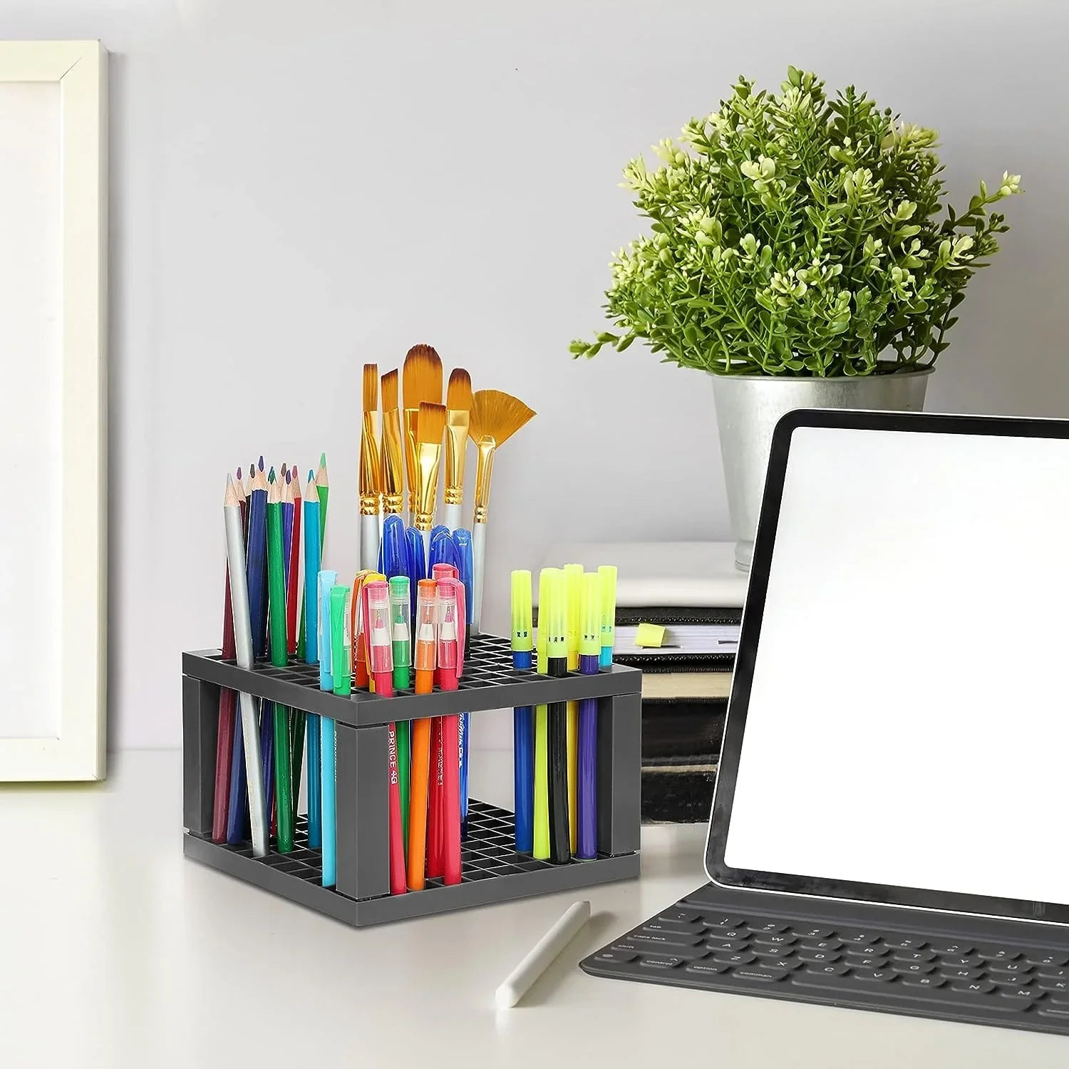 jai ambe novelties brush holder 96 Holes Pencil & Brush Holder - Tabletop Plastic Study Desk Organizer Stand for Pens, Paint Brushes, Modeling Tools, Office & Art Supplies - Mesh Pen Holder - Stationery Organiser (Grey)