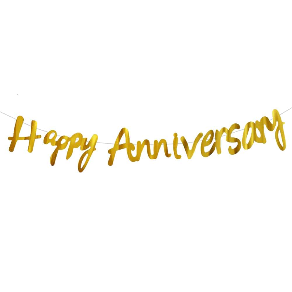 gold cursive writing Happy Anniversary banner
