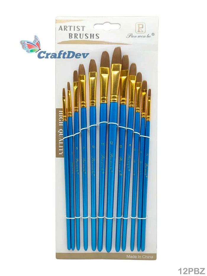 12-Piece Blue Handle Paint Brush Set - Assorted Shapes & Sizes