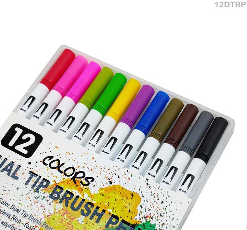 MG Traders Drawing Materials Dual Tip Brush Pen 12 Color Set (12Dtbp)