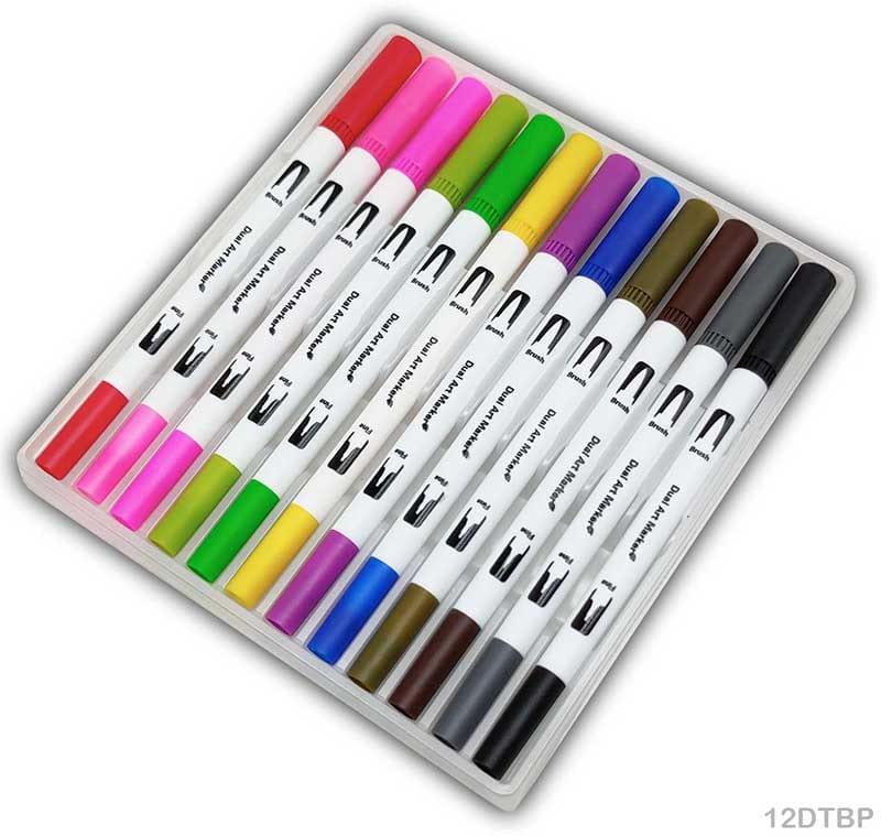 MG Traders Drawing Materials Dual Tip Brush Pen 12 Color Set (12Dtbp)