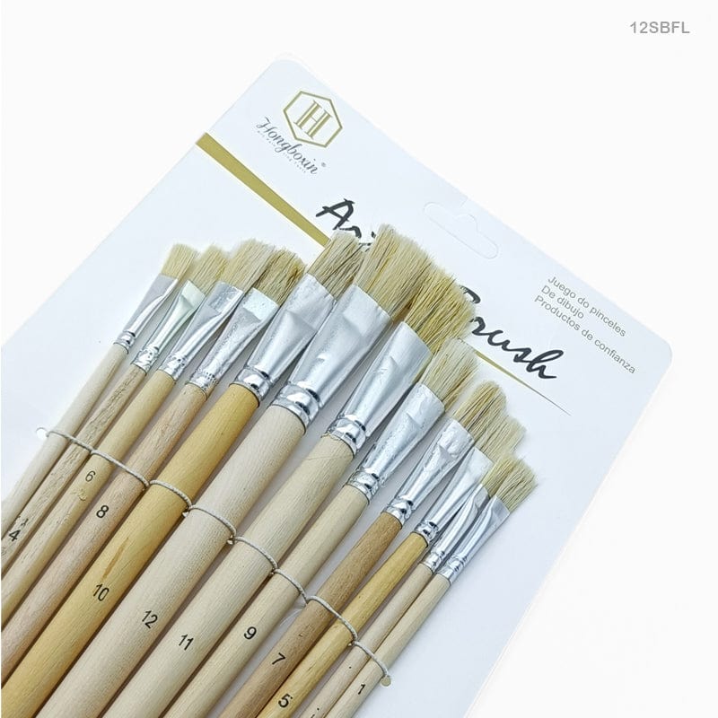 MG Traders Drawing Materials 12Sbfl 12Pc Stencil Brush Flat Long Handle