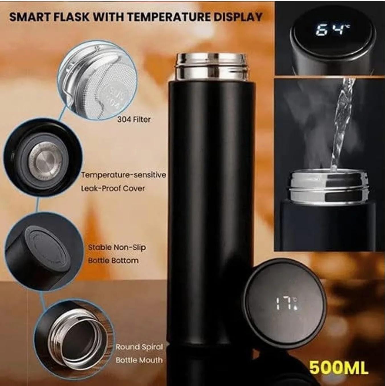 Paradise Soft Toys Matt black Smart cup LED Temperature Display Vacuumed Hot and Cold Bottle - 500 ML
