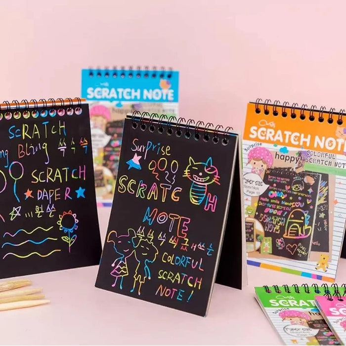 (Buy 1 Get 1 FREE) A6 Scratch Book -(A Book of 10 Sheets Kids Painting Set Scratch Paper Colourful Magic Scratch Art Painting Paper with Drawing Stick Baby Playing Toys