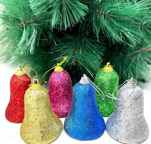 parshwa Decoration Multicolor Glitter Bell Christmas Tree Ornaments I Pack of 6 I