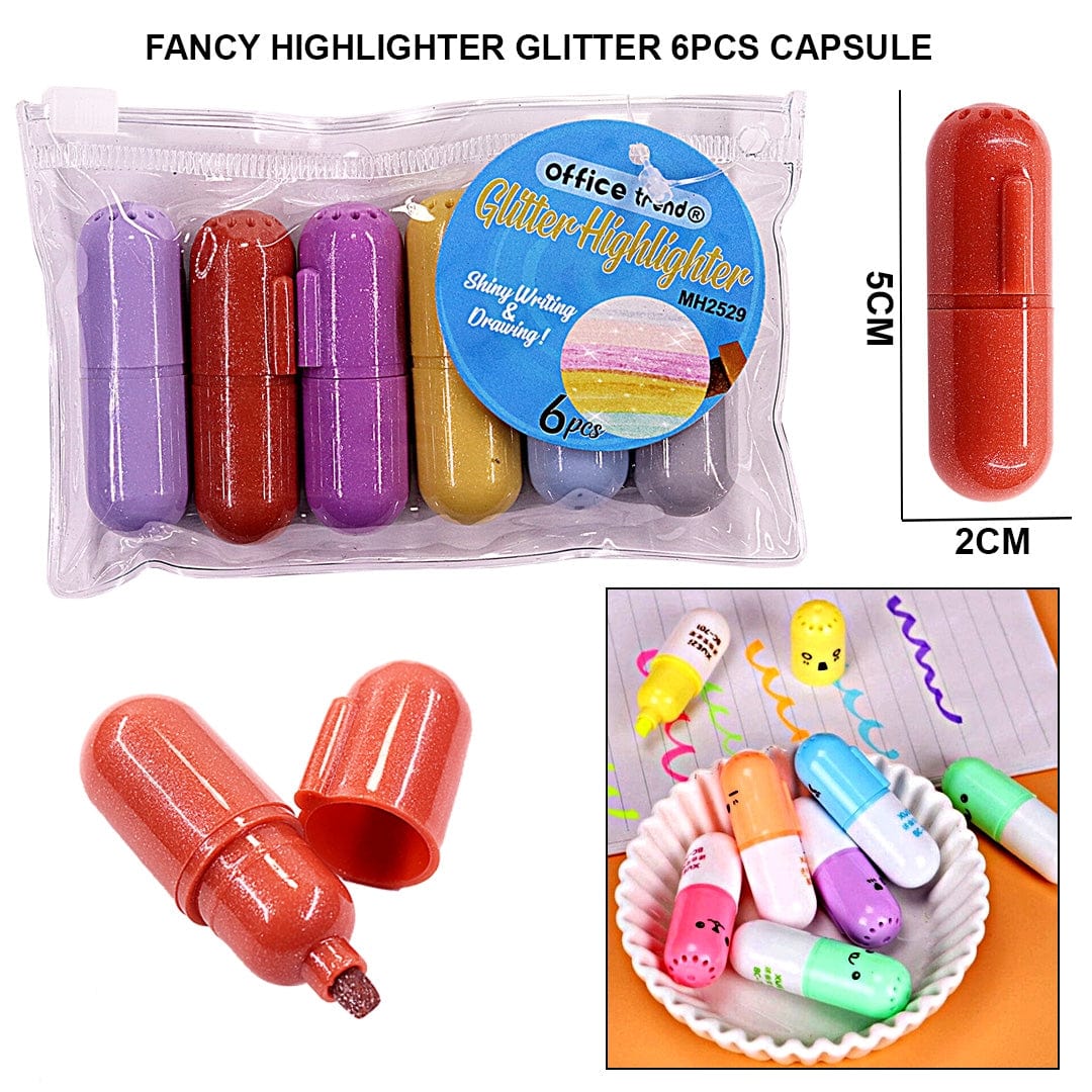 Ravrai Craft - Mumbai Branch Highlighters & Markers Fancy Glitter Highlighter |6Pcs | Capsule Shaped