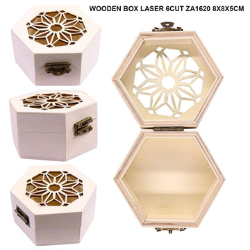 Hexagon Laser-Engraved Wooden Box size 8x8x5 cm , 6 laser cut