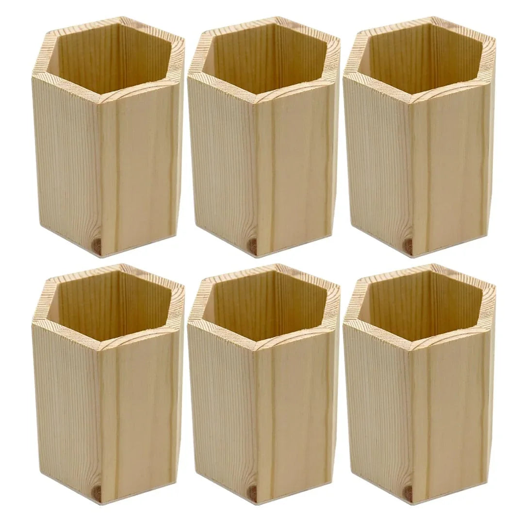 Vintage Pine Wood Pen Stand - Hexagon Raw 1962