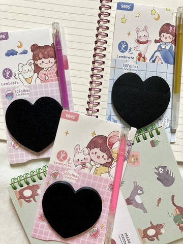 Black heart shaped charcoal Sticky Notes with Neon pen  | Waterproof sticky Notes | 50 Sheets | Assorted Color