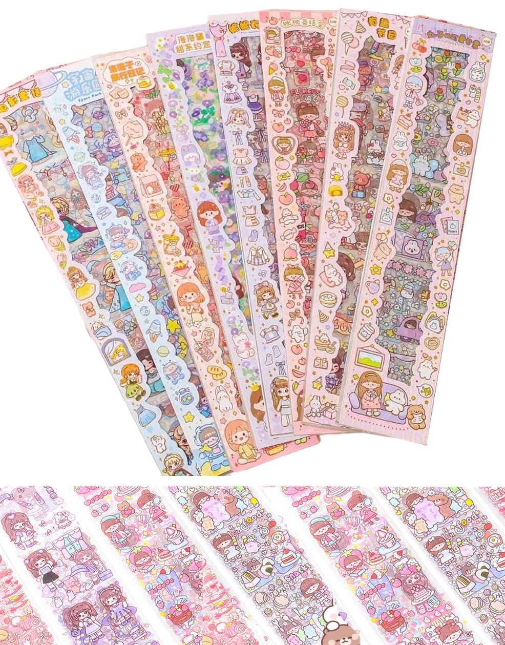Sun international Cute Cartoon Theme Kawaii Stickers - 40 PET Sheets Cute Washi Stickers for Project, Japanese Style Girls Sticker Set, Size of Each Sheet - 40 X 8 CM (Color and Design May Vary)