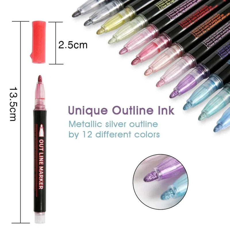 Craftdev 12 Color Double Line Outline Pen Set Metallic Color Magic Highlighter Marker Pen for Art Painting Writing School Supplies