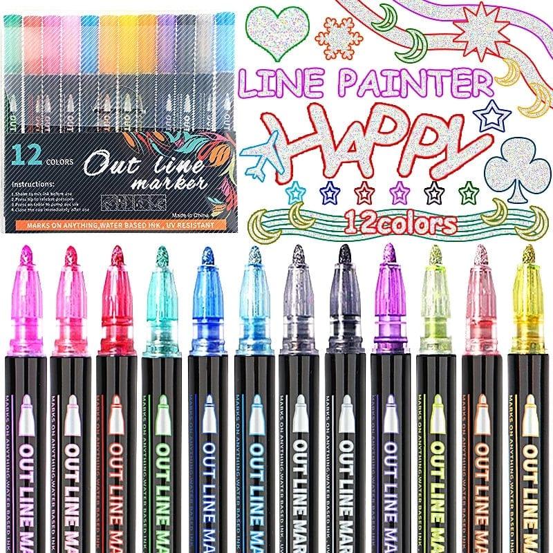 Craftdev 12 Color Double Line Outline Pen Set Metallic Color Magic Highlighter Marker Pen for Art Painting Writing School Supplies
