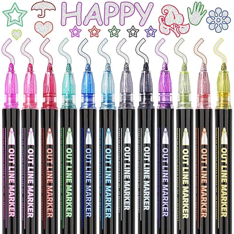 Craftdev 12 Color Double Line Outline Pen Set Metallic Color Magic Highlighter Marker Pen for Art Painting Writing School Supplies