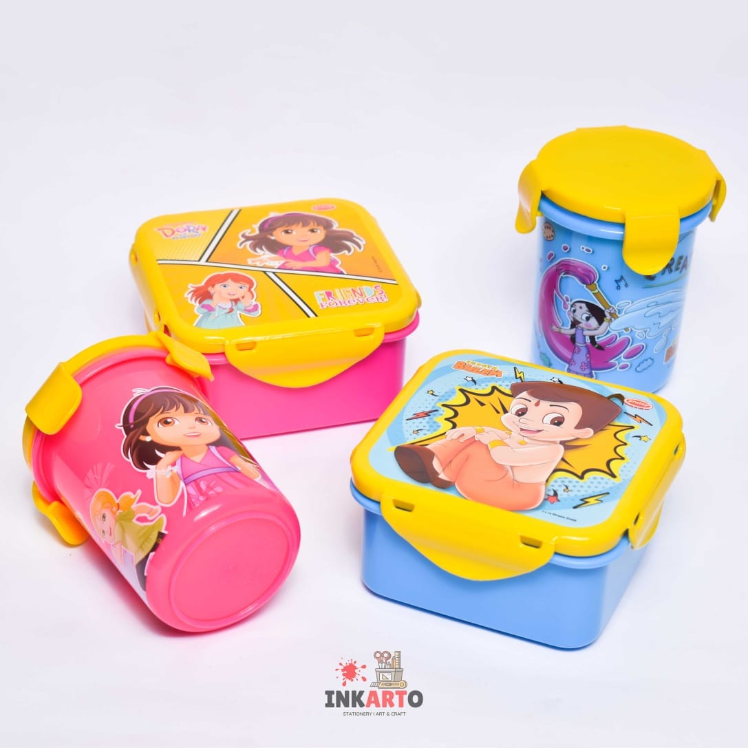 Rushab Plastic Cute Cartoon design Printed Tiffin Box (Combo set of Tiffin & bottle)