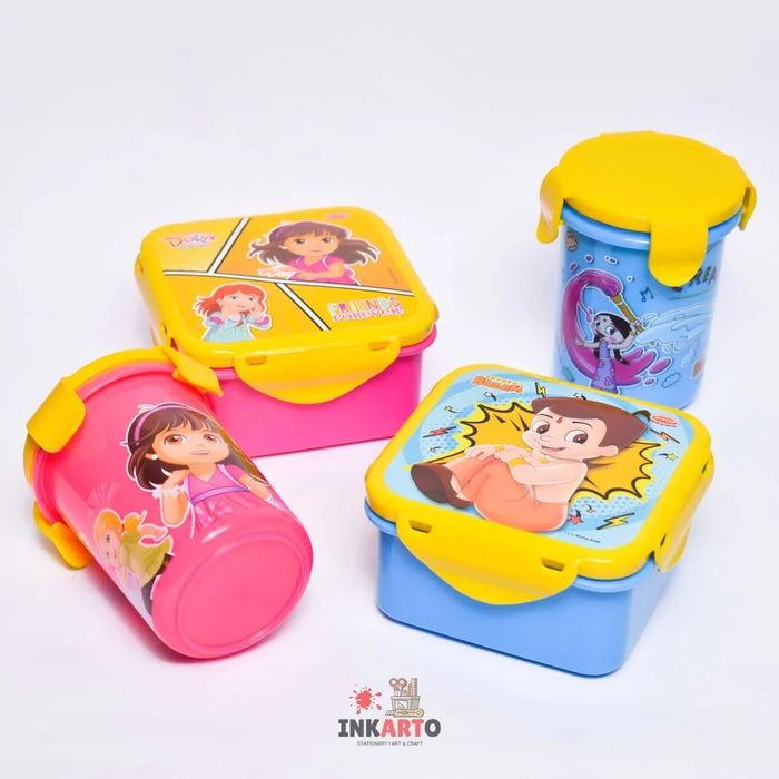 Cute Cartoon design Printed Tiffin Box (Combo set of Tiffin & bottle)